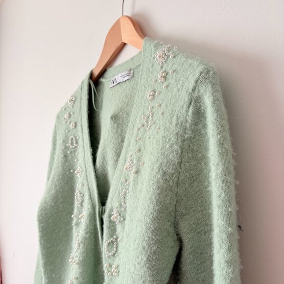 Zara Pearl Embellished Button Front Long Sleeve Cardigan Sweater Green Medium - Picture 3 of 7